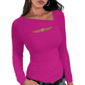 XIEERDUO Womens Long Sleeve Tops Slim Fit Fall Tops for Women 2025 Cutout Tops Y2K Ribbed Tshirt(Purple Red)