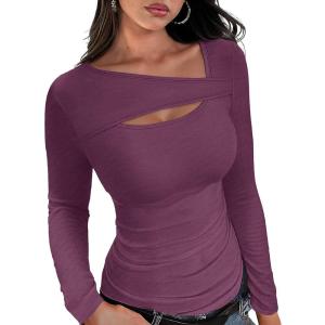 XIEERDUO Womens Long Sleeve Tops Slim Fit Fall Tops for Women 2025 Cutout Tops Y2K Ribbed Tshirt(Purplish)