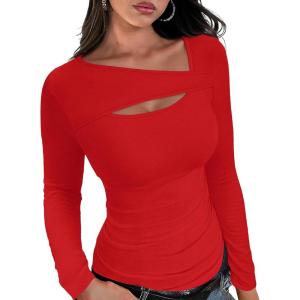 XIEERDUO Womens Long Sleeve Tops Slim Fit Fall Tops for Women 2025 Cutout Tops Y2K Ribbed Tshirt(Red)