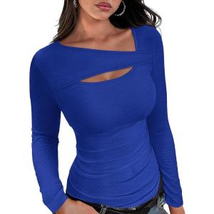 XIEERDUO Womens Long Sleeve Tops Slim Fit Fall Tops for Women 2025 Cutout Tops Y2K Ribbed Tshirt(Royal Blue)