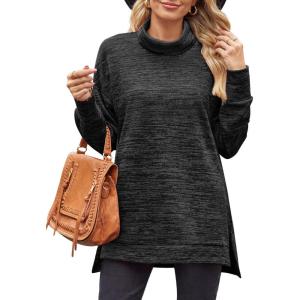 XIEERDUO Women’s Long Sleeve Tunic Tops Turtleneck Lightweight Sweater High Low Side Split Sweatshirt