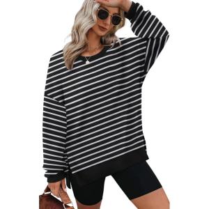 XIEERDUO Womens Oversized Sweatshirts Pullover Casual Crewneck Long Sleeve Tops Comfy(23-strpied Black)