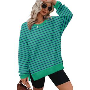 XIEERDUO Womens Oversized Sweatshirts Pullover Casual Crewneck Long Sleeve Tops Comfy(25-strpied Lightgreen)