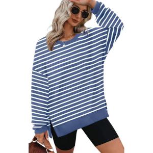 XIEERDUO Womens Oversized Sweatshirts Pullover Casual Crewneck Long Sleeve Tops Comfy(26-strpied Blue)