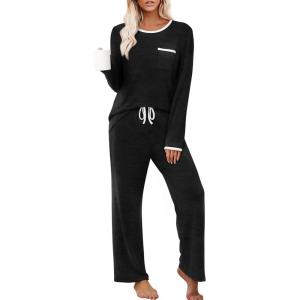 XIEERDUO Womens Pajama Sets Long Sleeve Sleepwear Soft Pjs Lounge Chest Pocket Two Piece Sets For Women(Black)