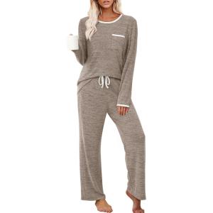 XIEERDUO Womens Pajama Sets Long Sleeve Sleepwear Soft Pjs Lounge Chest Pocket Two Piece Sets For Women(Coffee)