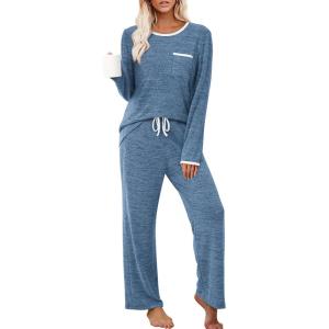 XIEERDUO Womens Pajama Sets Long Sleeve Sleepwear Soft Pjs Lounge Chest Pocket Two Piece Sets For Women(Navy Blue)