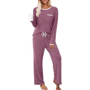 XIEERDUO Womens Pajama Sets Long Sleeve Sleepwear Soft Pjs Lounge Chest Pocket Two Piece Sets For Women(Purplish Red)
