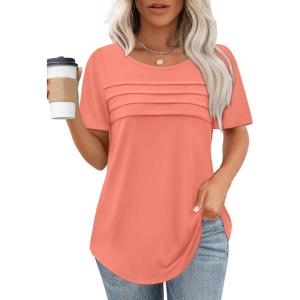 XIEERDUO Women’s Pleated Tops Dressy Casual Short Sleeve Shirts Fashion Blouses Loose Curved Hem Long Tunic S-3XL(Coral)