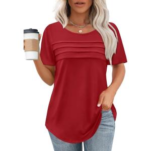 XIEERDUO Women’s Pleated Tops Dressy Casual Short Sleeve Shirts Fashion Blouses Loose Curved Hem Long Tunic S-3XL(Red)