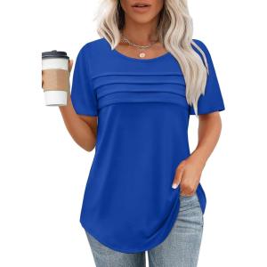 XIEERDUO Women’s Pleated Tops Dressy Casual Short Sleeve Shirts Fashion Blouses Loose Curved Hem Long Tunic S-3XL(Royal Blue)