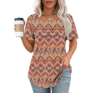 XIEERDUO Women’s Pleated Tops Dressy Casual Short Sleeve Shirts Fashion Blouses Loose Curved Hem Long Tunic S-3XL(Z Boho Floral)