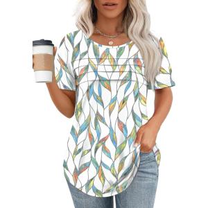 XIEERDUO Women’s Pleated Tops Dressy Casual Short Sleeve Shirts Fashion Blouses Loose Curved Hem Long Tunic S-3XL(Z Floral Leaf)