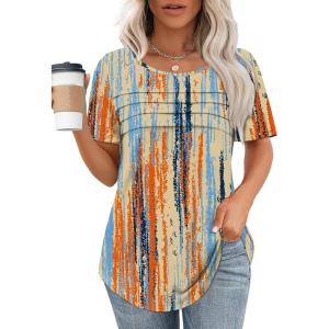 XIEERDUO Women’s Pleated Tops Dressy Casual Short Sleeve Shirts Fashion Blouses Loose Curved Hem Long Tunic S-3XL(Z Multicolor)