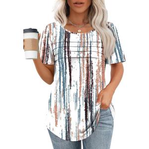 XIEERDUO Women’s Pleated Tops Dressy Casual Short Sleeve Shirts Fashion Blouses Loose Curved Hem Long Tunic S-3XL(Z Tie Dye Multi)