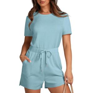 XIEERDUO Womens Rompers for Summer 2024 Jumpsuits Loose Solid Short Sleeve Romper Jumpers for Women Casual Water Blue M