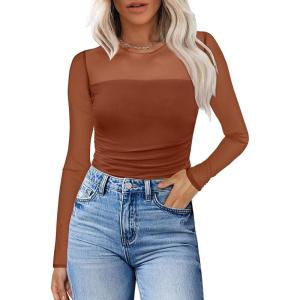 XIEERDUO Women’s Sexy Sheer Long Sleeve Tops Crew Neck Mesh Ruched Going Out Shirts Blouse Date Night Outfits(Caramel Mesh)