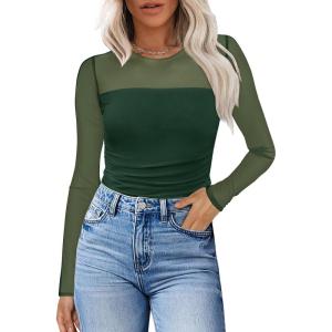 XIEERDUO Women’s Sexy Sheer Long Sleeve Tops Crew Neck Mesh Ruched Going Out Shirts Blouse Date Night Outfits(Mesh Green)