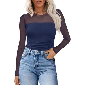 XIEERDUO Women’s Sexy Sheer Long Sleeve Tops Crew Neck Mesh Ruched Going Out Shirts Blouse Date Night Outfits(Mesh Navy)