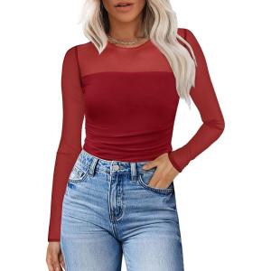 XIEERDUO Women’s Sexy Sheer Long Sleeve Tops Crew Neck Mesh Ruched Going Out Shirts Blouse Date Night Outfits(Mesh Red)