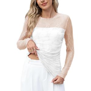 XIEERDUO Women’s Sexy Sheer Long Sleeve Tops Crew Neck Mesh Ruched Going Out Shirts Blouse Date Night Outfits(Z Lace White)