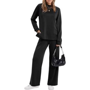 XIEERDUO Women’s Side Slit Lounge Sets 2 Piece Outfits Mock Neck Tracksuit Fashion Sweatsuit Wide Leg Loungewear S-3XL(A Black)