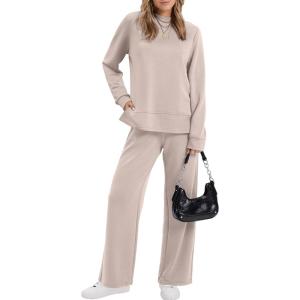 XIEERDUO Women’s Side Slit Lounge Sets 2 Piece Outfits Mock Neck Tracksuit Fashion Sweatsuit Wide Leg Loungewear S-3XL(Apricot)