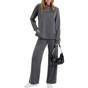 XIEERDUO Women’s Side Slit Lounge Sets 2 Piece Outfits Mock Neck Tracksuit Fashion Sweatsuit Wide Leg Loungewear S-3XL(Dark Grey)