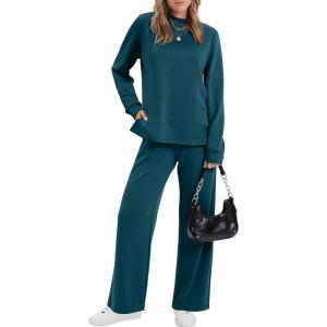 XIEERDUO Women’s Side Slit Lounge Sets 2 Piece Outfits Mock Neck Tracksuit Fashion Sweatsuit Wide Leg Loungewear S-3XL(Teal)