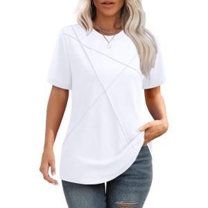 XIEERDUO Womens Summer Tops 2025 Pleated Round Neck Short Sleeve Shirts Business Casual(A White)