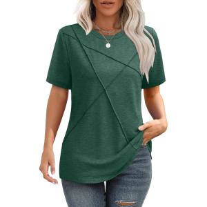 XIEERDUO Womens Summer Tops 2025 Pleated Round Neck Short Sleeve Shirts Business Casual(Green)