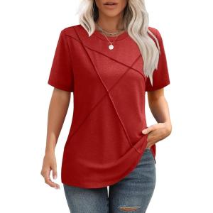 XIEERDUO Womens Summer Tops 2025 Pleated Round Neck Short Sleeve Shirts Business Casual(Red)