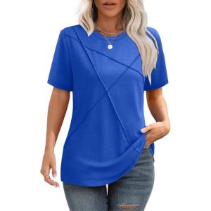 XIEERDUO Womens Summer Tops 2025 Pleated Round Neck Short Sleeve Shirts Business Casual(Royal Blue)