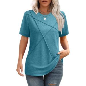 XIEERDUO Womens Summer Tops 2025 Pleated Round Neck Short Sleeve Shirts Business Casual(Turquoise)