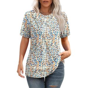 XIEERDUO Womens Summer Tops 2025 Pleated Round Neck Short Sleeve Shirts Business Casual(Z Blue Dot)