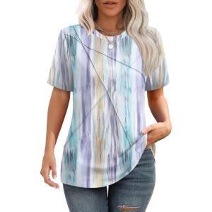 XIEERDUO Womens Summer Tops 2025 Pleated Round Neck Short Sleeve Shirts Business Casual(Z Colorful Striped)