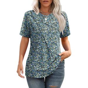 XIEERDUO Womens Summer Tops 2025 Pleated Round Neck Short Sleeve Shirts Business Casual(Z Floral Blue)