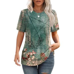 XIEERDUO Womens Summer Tops 2025 Pleated Round Neck Short Sleeve Shirts Business Casual(Z Floral Green)