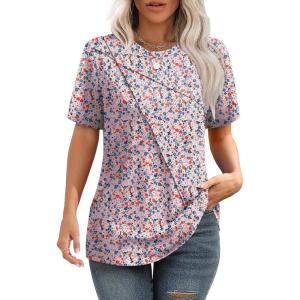 XIEERDUO Womens Summer Tops 2025 Pleated Round Neck Short Sleeve Shirts Business Casual(Z Floral Pink)