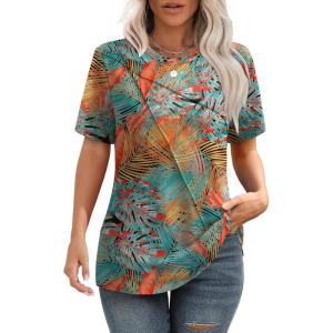 XIEERDUO Womens Summer Tops 2025 Pleated Round Neck Short Sleeve Shirts Business Casual(Z Green Orange)