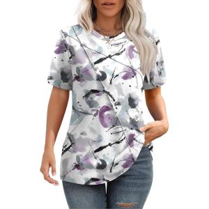 XIEERDUO Womens Summer Tops 2025 Pleated Round Neck Short Sleeve Shirts Business Casual(Z Multi Purple)