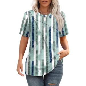 XIEERDUO Womens Summer Tops 2025 Pleated Round Neck Short Sleeve Shirts Business Casual(Z Plaid Green)