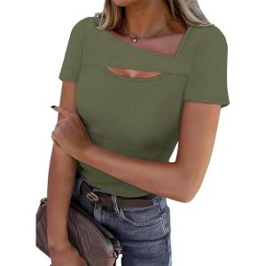 XIEERDUO Womens Summer Tops Short Sleeve Shirts for Women Sexy Tops Y2K Shirts One Piece Cutout Tops(Army Green)
