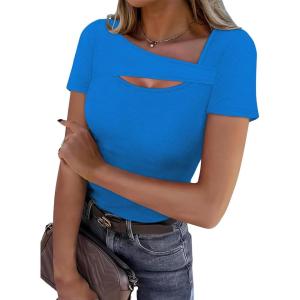 XIEERDUO Womens Summer Tops Short Sleeve Shirts for Women Sexy Tops Y2K Shirts One Piece Cutout Tops(Blue)