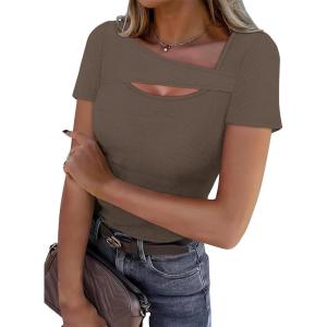 XIEERDUO Womens Summer Tops Short Sleeve Shirts for Women Sexy Tops Y2K Shirts One Piece Cutout Tops(Brown)
