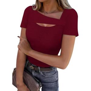 XIEERDUO Womens Summer Tops Short Sleeve Shirts for Women Sexy Tops Y2K Shirts One Piece Cutout Tops(Dark Red)