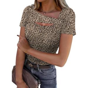 XIEERDUO Womens Summer Tops Short Sleeve Shirts for Women Sexy Tops Y2K Shirts One Piece Cutout Tops(Leopard Print)