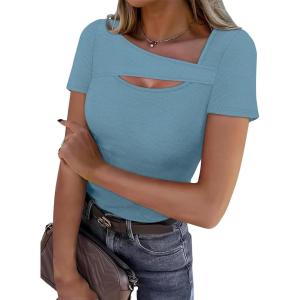 XIEERDUO Womens Summer Tops Short Sleeve Shirts for Women Sexy Tops Y2K Shirts One Piece Cutout Tops(Light Blue)