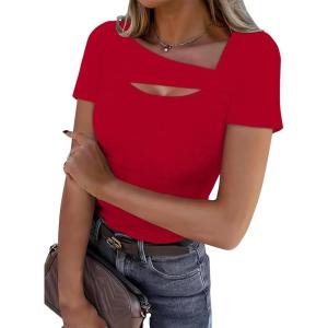 XIEERDUO Womens Summer Tops Short Sleeve Shirts for Women Sexy Tops Y2K Shirts One Piece Cutout Tops(Red)