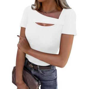 XIEERDUO Womens Summer Tops Short Sleeve Shirts for Women Sexy Tops Y2K Shirts One Piece Cutout Tops(White)